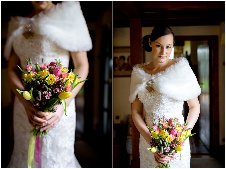 bride in dress with spring bouquet