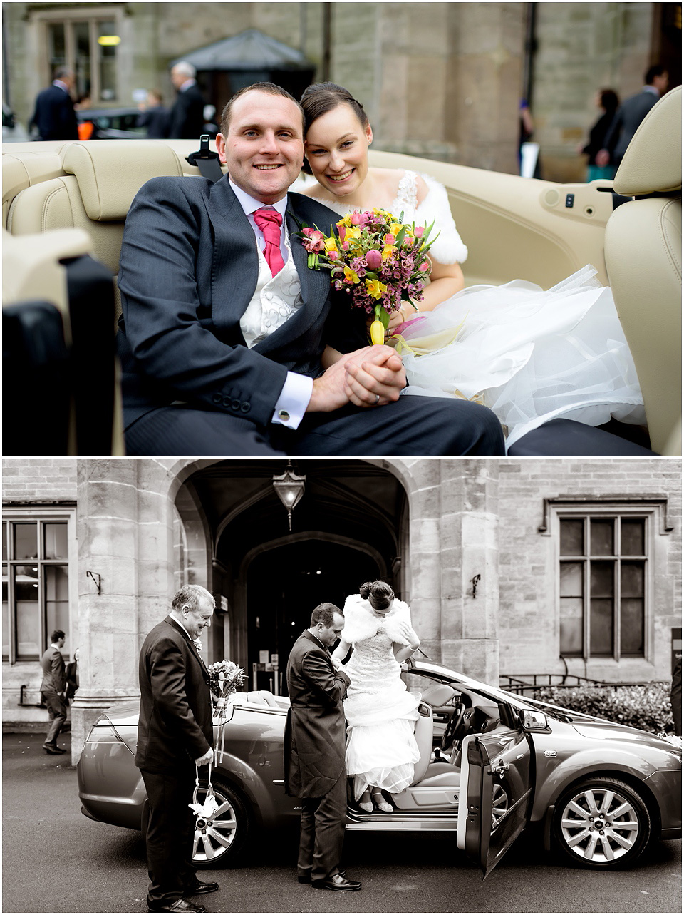 bride and groom arrive at lilleshall hall wedding