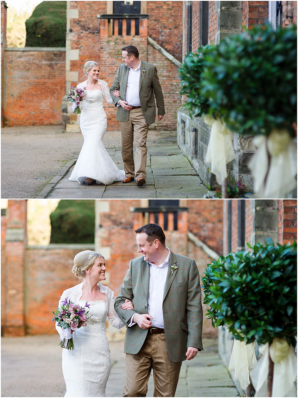 weddings at thrumpton hall bride and groom walking together