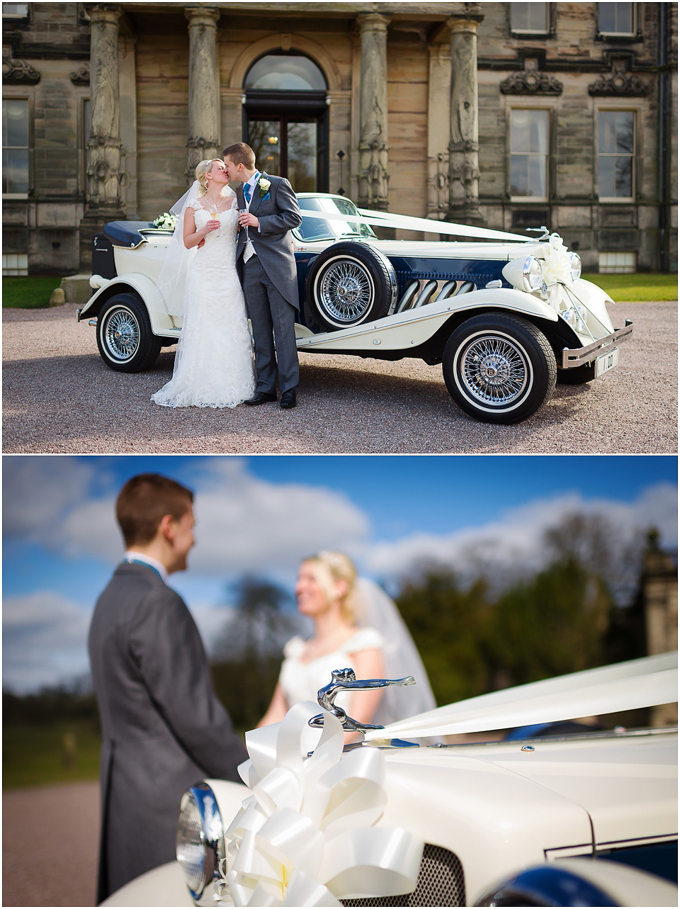 bride and groom with vintage wedding car