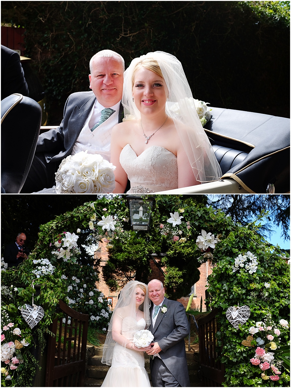 bride and dad arrive in wedding car