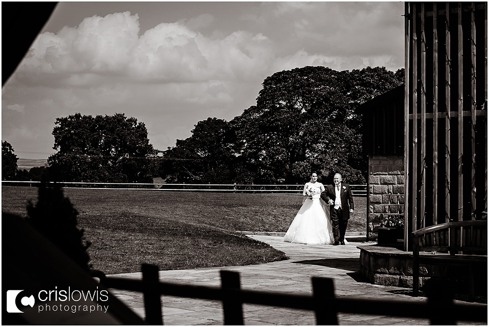bride and dad on way to heaton house farm outdoor ceremony