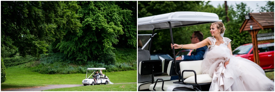 bride and groom in golf buggy