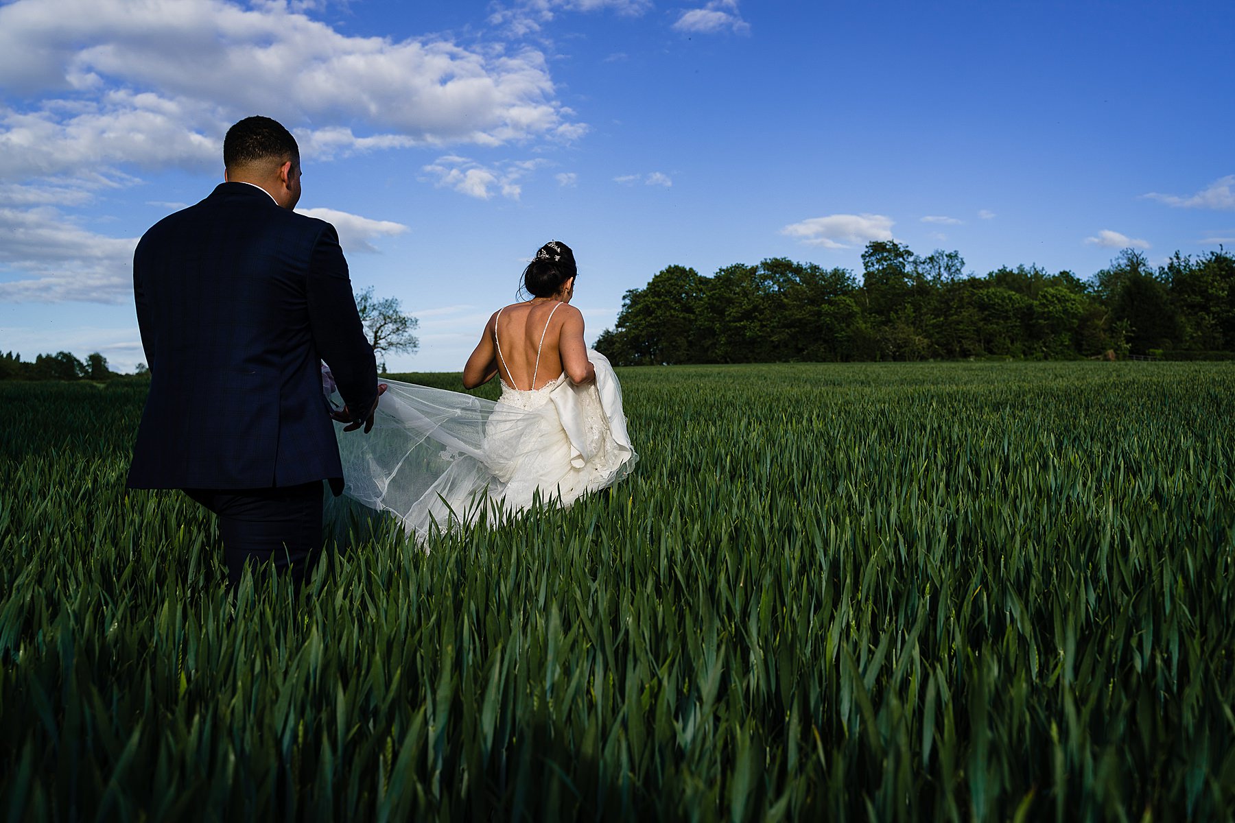 bride and groom in cornfield