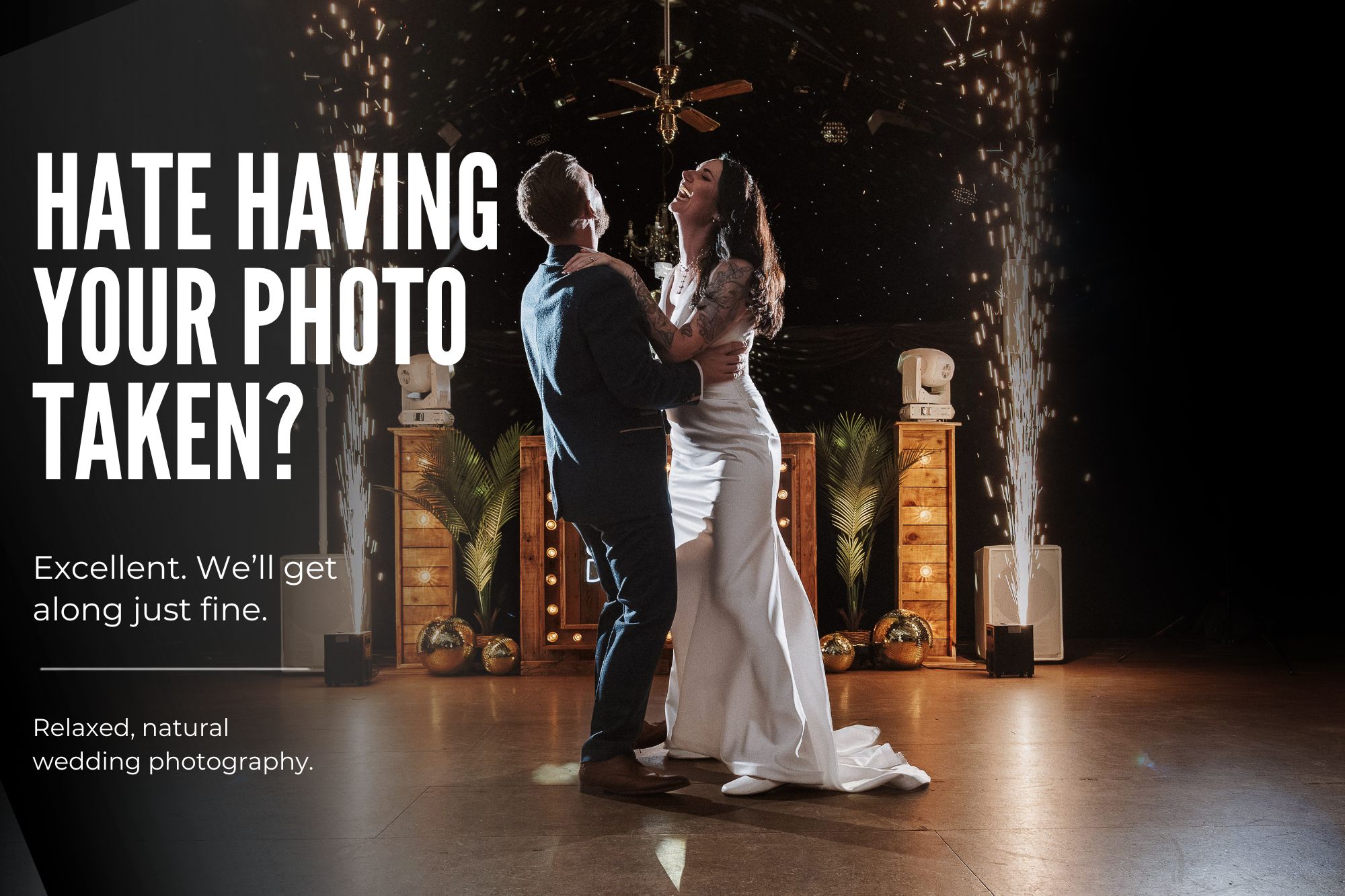 Website home page image showing a newly married couple enjoy their first dance