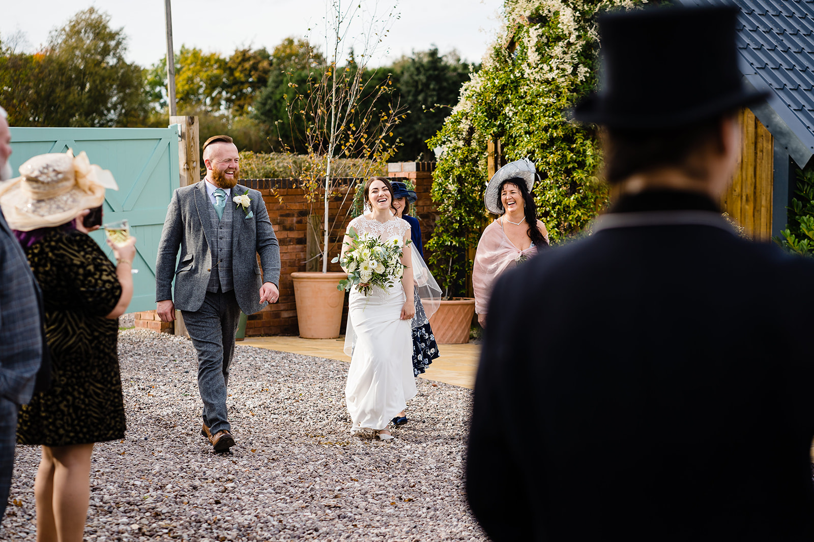 bride and groom see horse