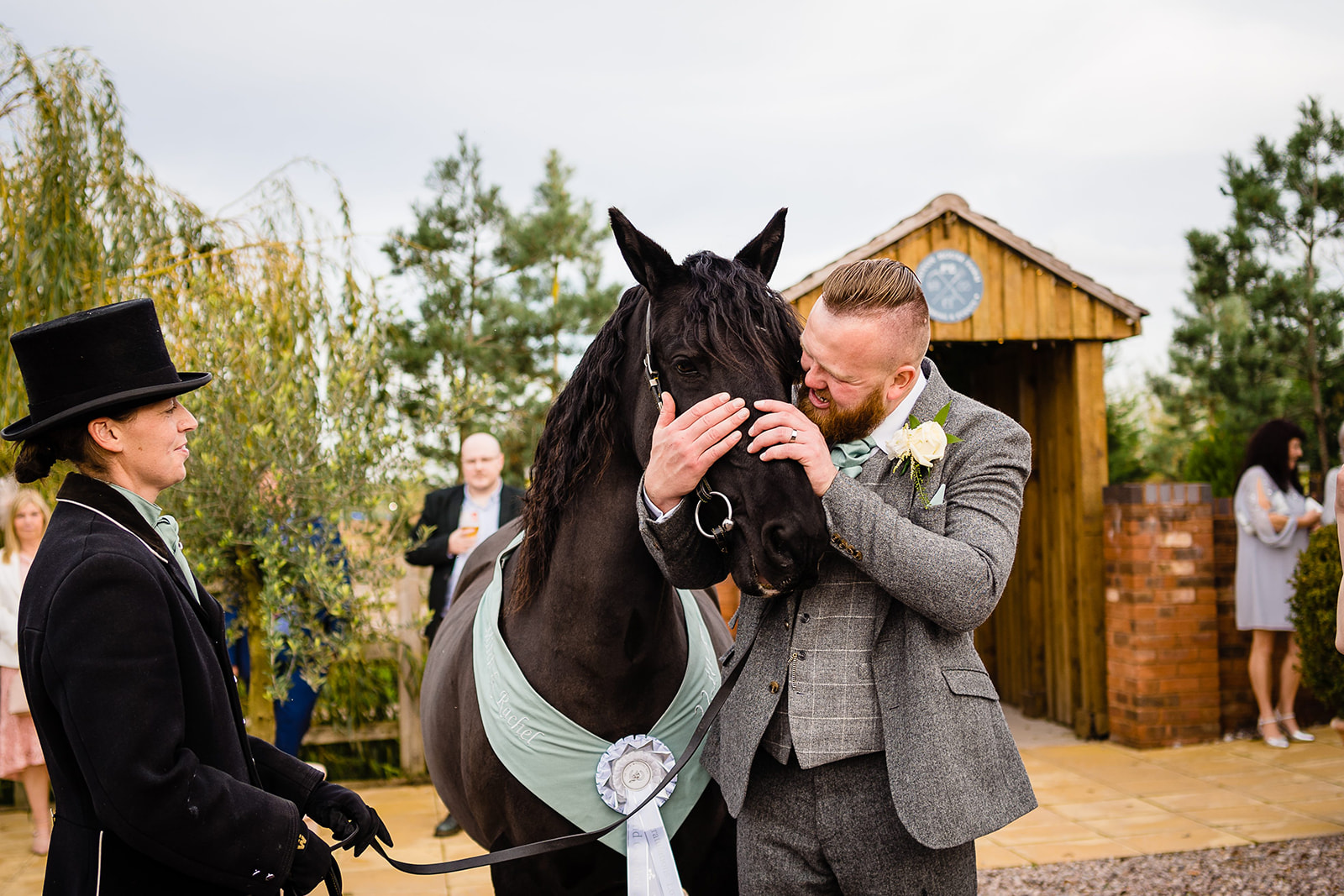 bride and groom see horse