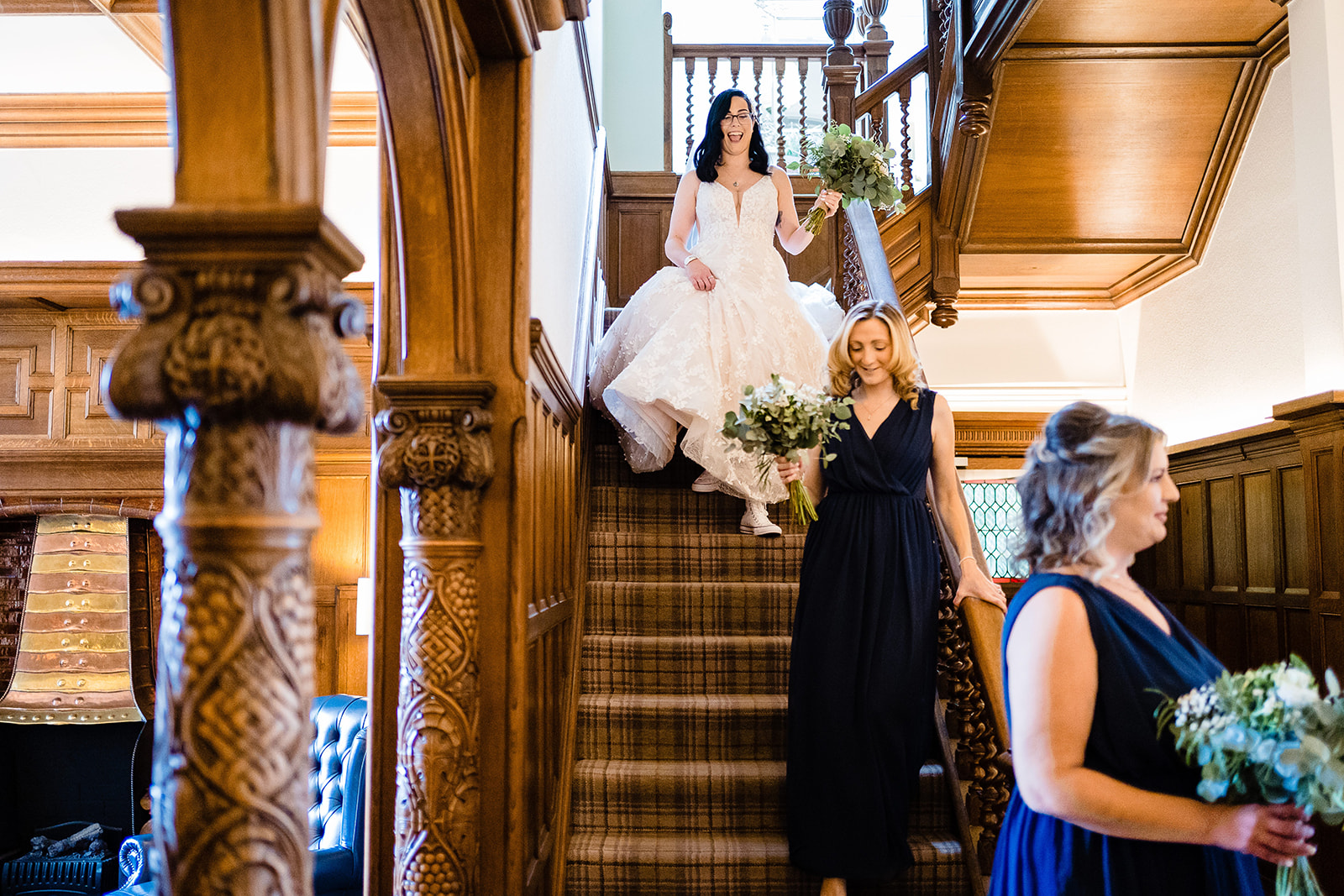 bride coming down stairs at Pendrell 